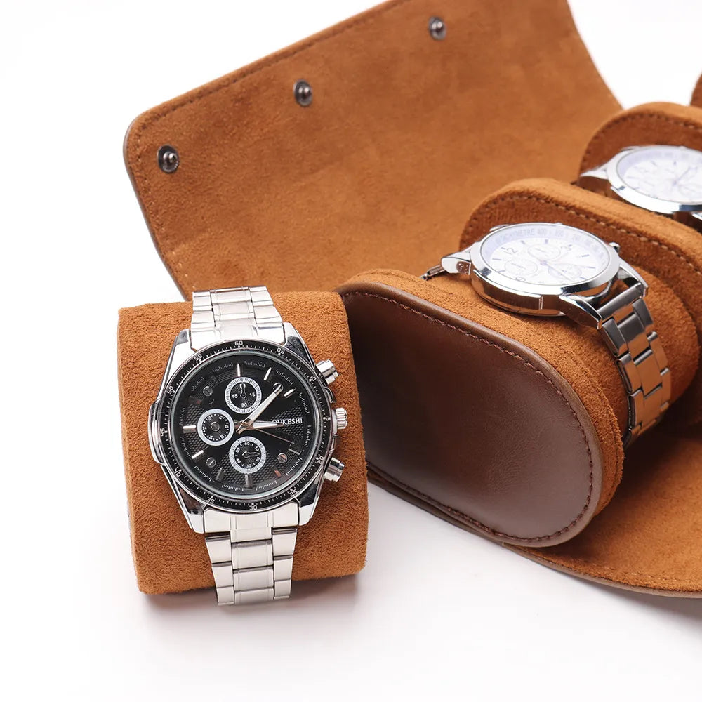 3-Slot Leather Travel Watch Case